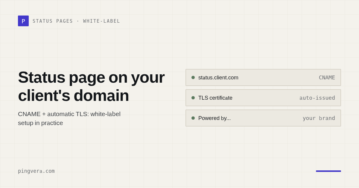 Status page on the client's own domain: CNAME setup and automatic TLS
